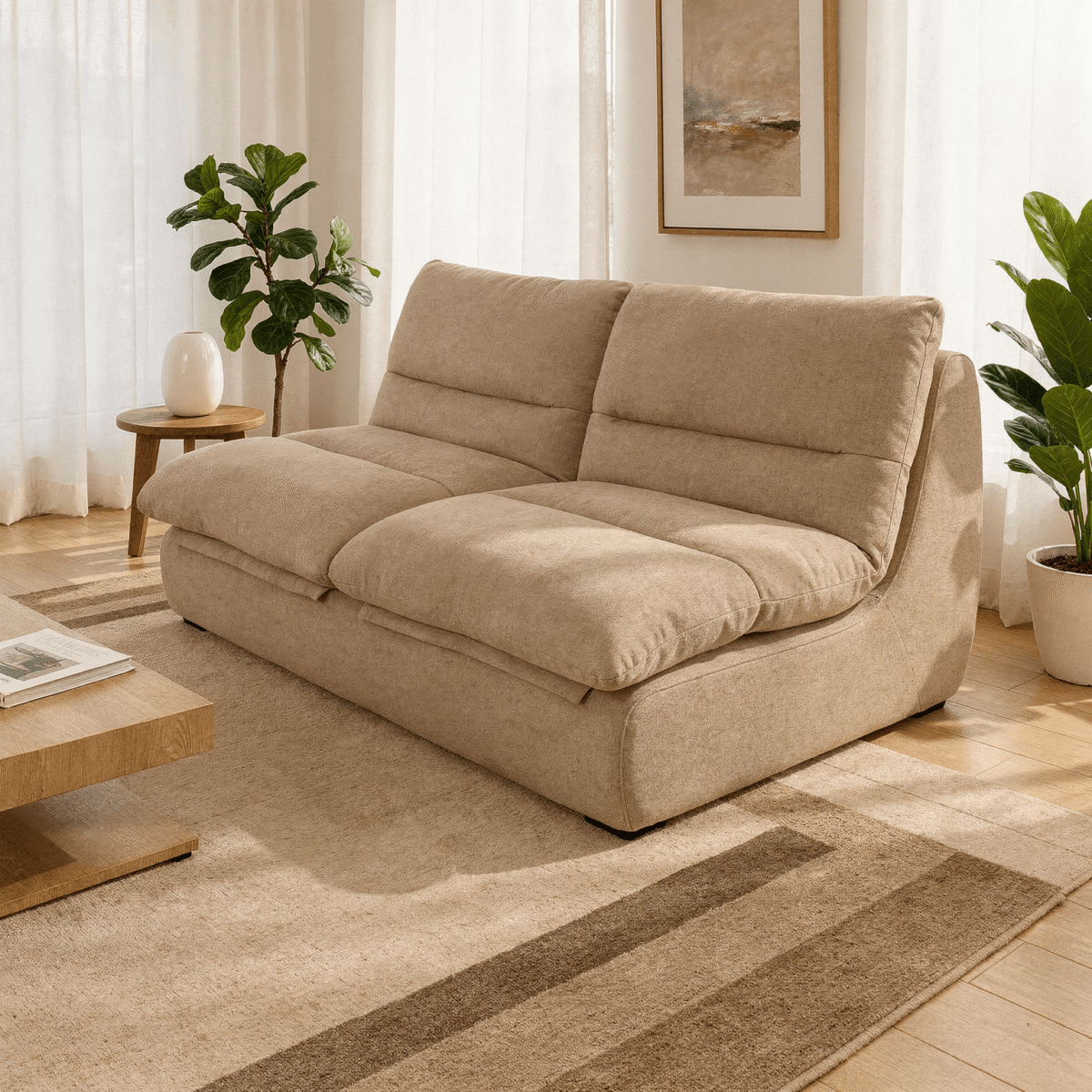 Salon moderne et lumineux avec canapé beige 2 places, table basse bois et plantes vertes