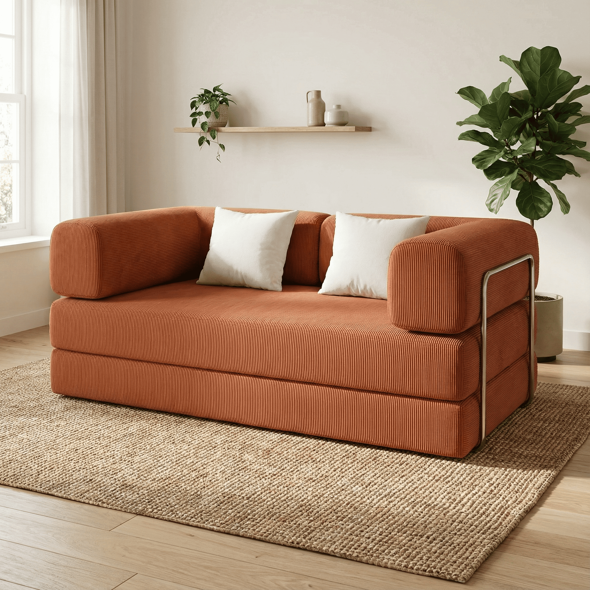 Canapé 2 places terracotta moderne avec coussins blancs, salon lumineux et déco végétale