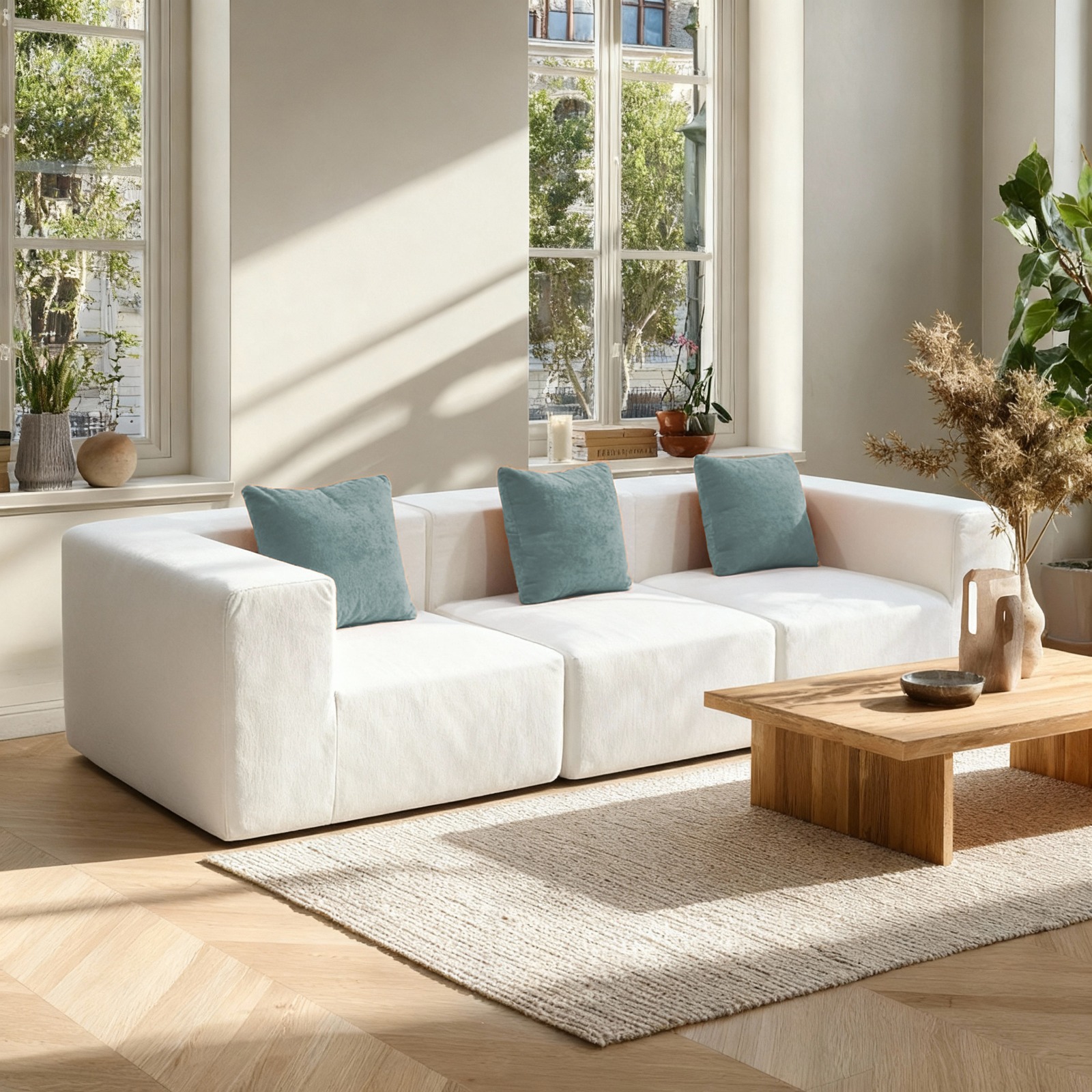 Salon moderne lumineux avec canapé d’angle blanc, coussins bleus, table basse bois et plantes