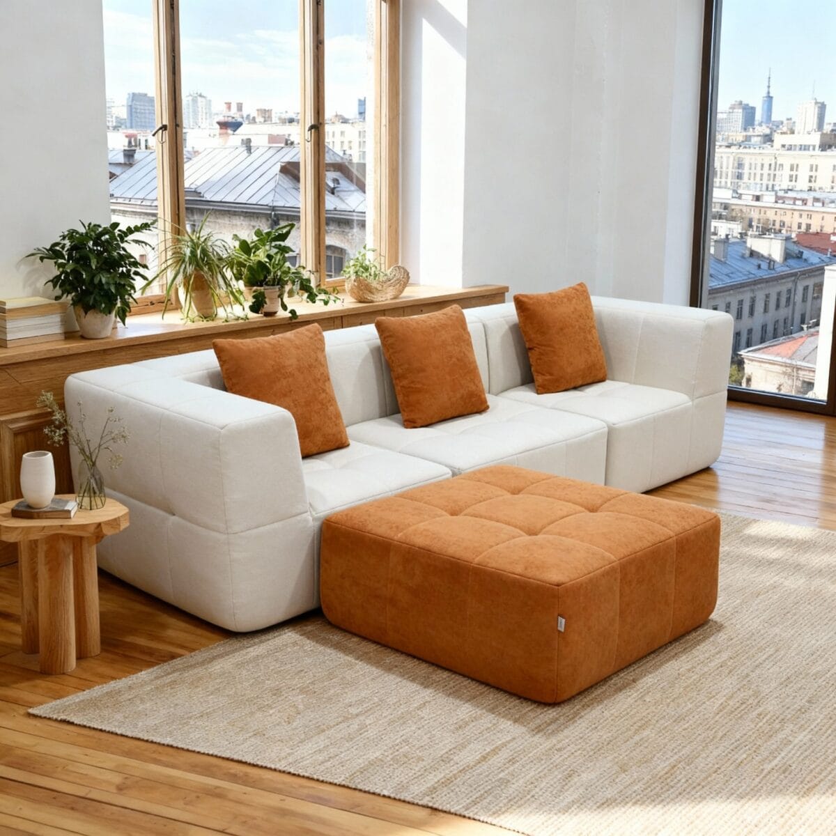 Salon moderne avec canapé d’angle blanc, ottoman orange, grandes fenêtres lumineuses et plantes vertes