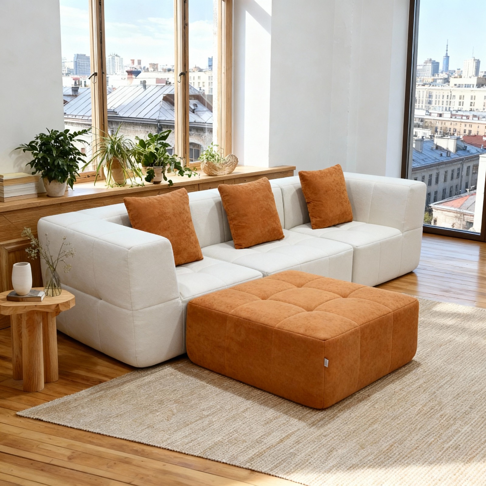Salon moderne avec canapé d’angle blanc, ottoman orange, grandes fenêtres lumineuses et plantes vertes