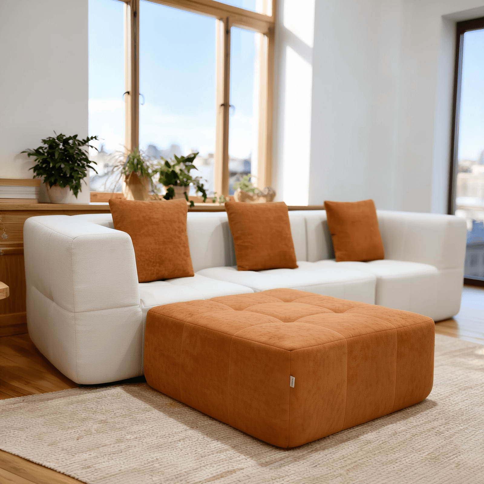 Salon moderne lumineux avec canapé d’angle blanc, coussins terracotta, ottoman assorti et plantes vertes