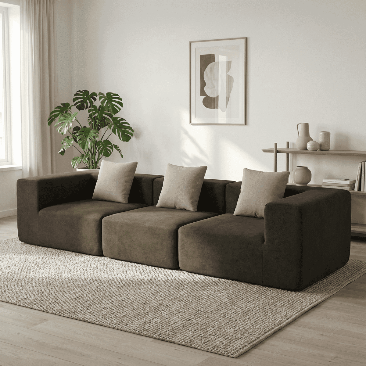 Salon moderne avec canapé d’angle marron, coussins clairs, grande fenêtre et plante verte