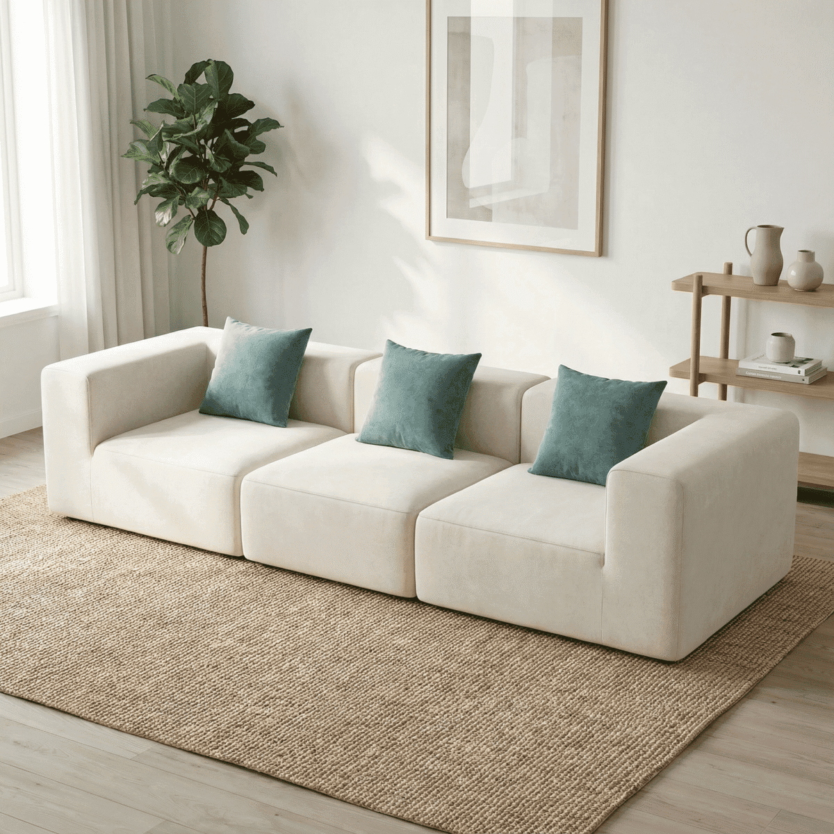 Canapé beige moderne avec coussins verts dans salon scandinave lumineux, déco minimale et plante verte