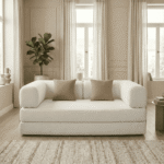 Salon Moderne Avec Canapé Blanc Salon moderne lumineux avec canapé blanc arrondi, coussins taupe, plante verte et grande fenêtre