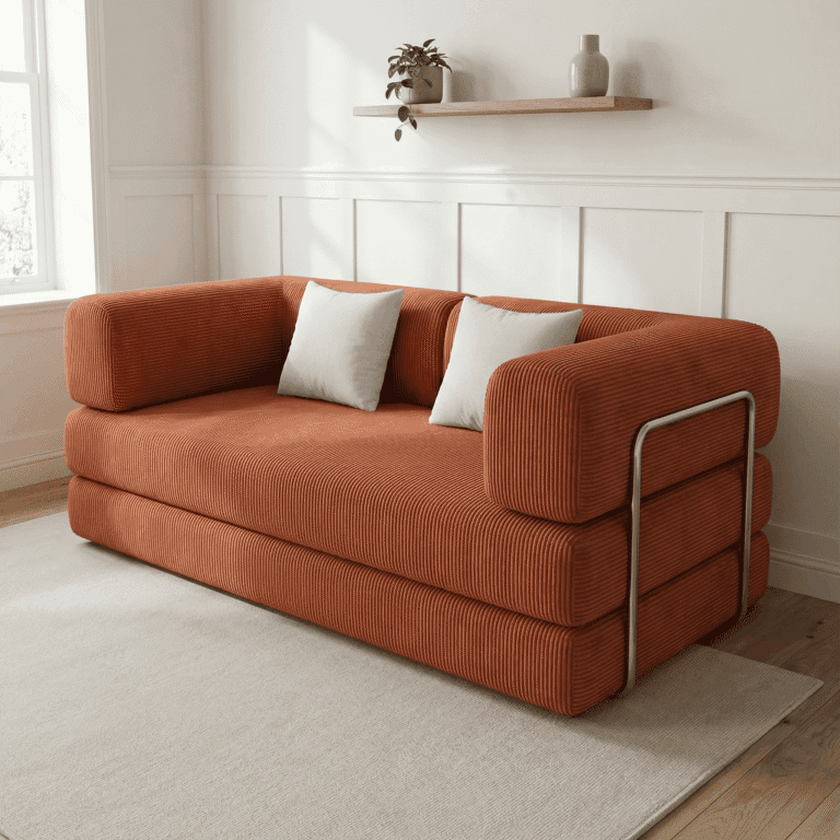 Canapé contemporain terracotta en tissu côtelé dans salon moderne, décoration minimaliste et lumineuse
