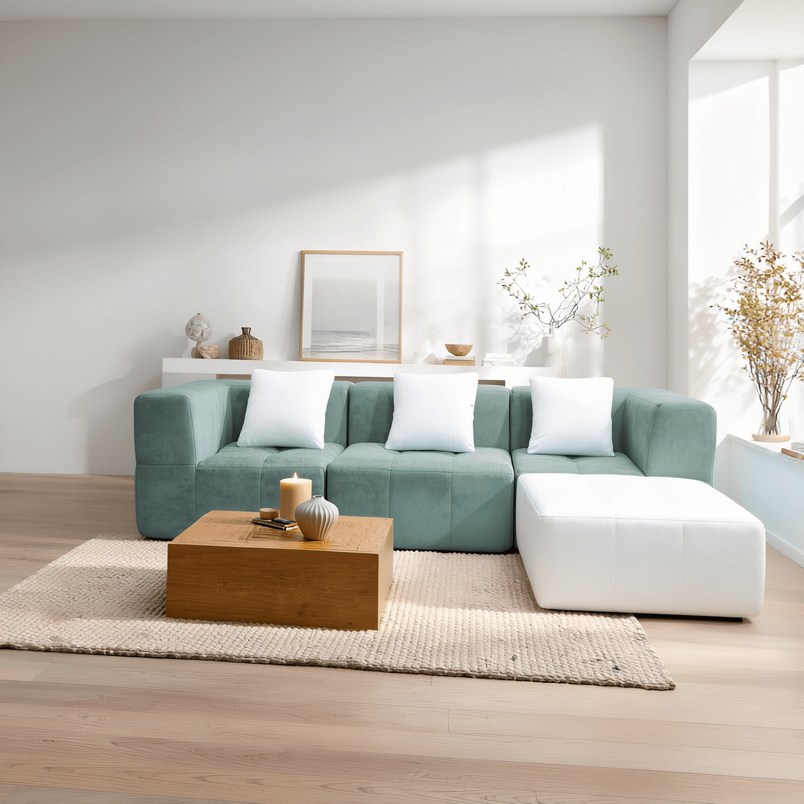 Salon scandinave lumineux avec canapé d’angle turquoise, table basse bois et tapis texturé