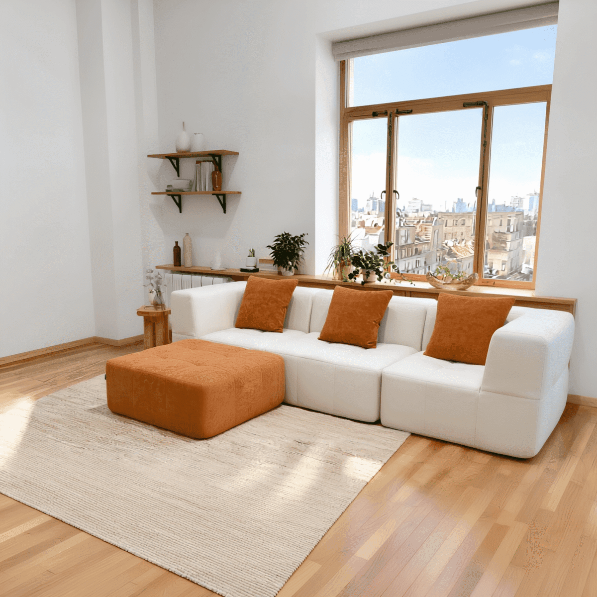Salon moderne minimaliste avec canapé d’angle blanc, coussins orange, grande fenêtre et plantes vertes