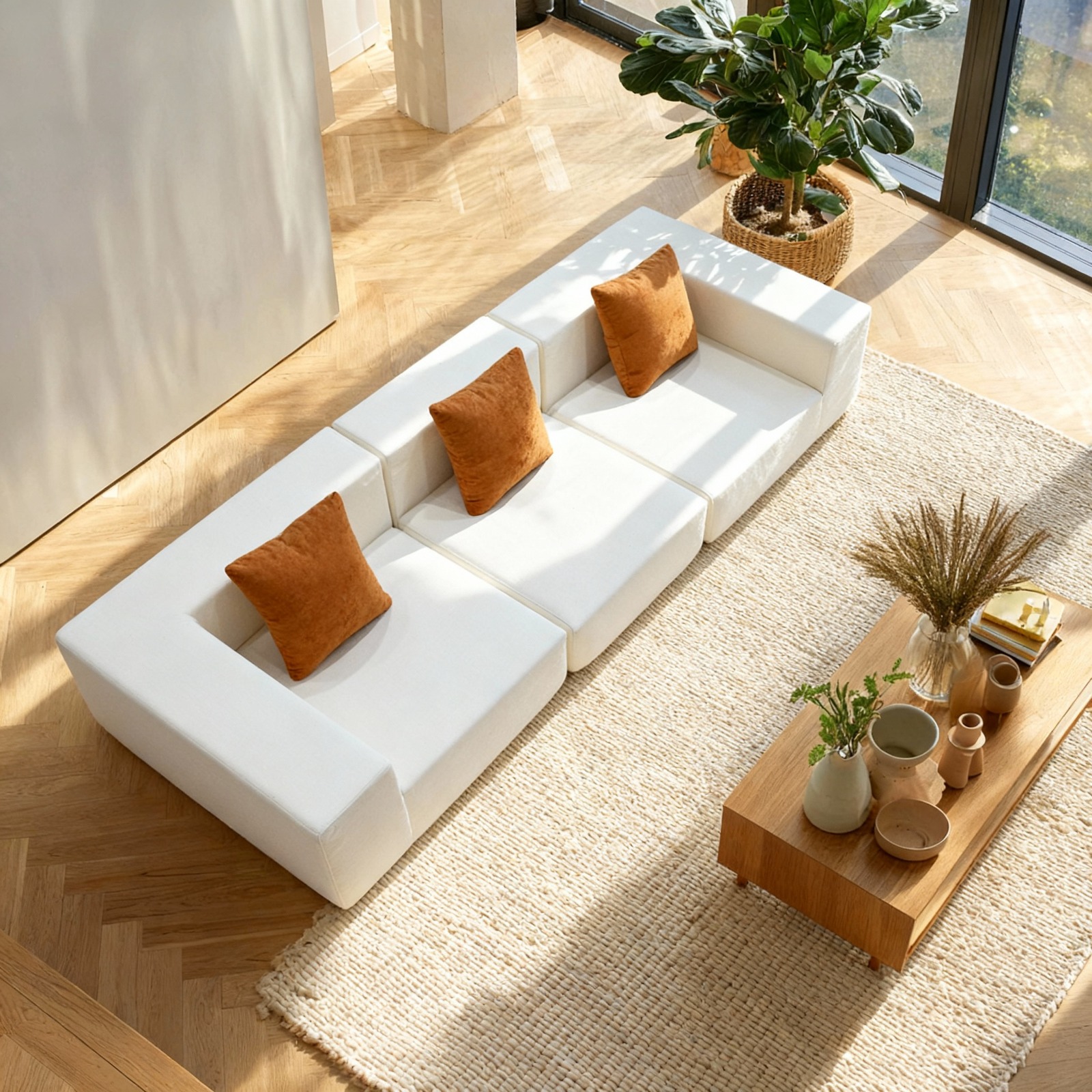 Salon minimaliste lumineux avec canapé d’angle blanc, coussins terracotta, table en bois et plante verte