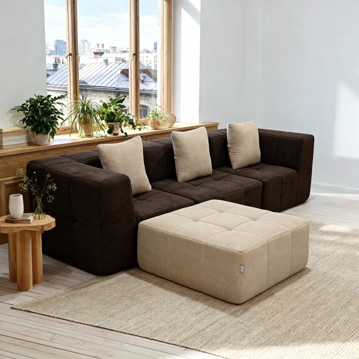 Salon lumineux avec canapé d’angle marron, pouf beige, plantes vertes et grande baie vitrée