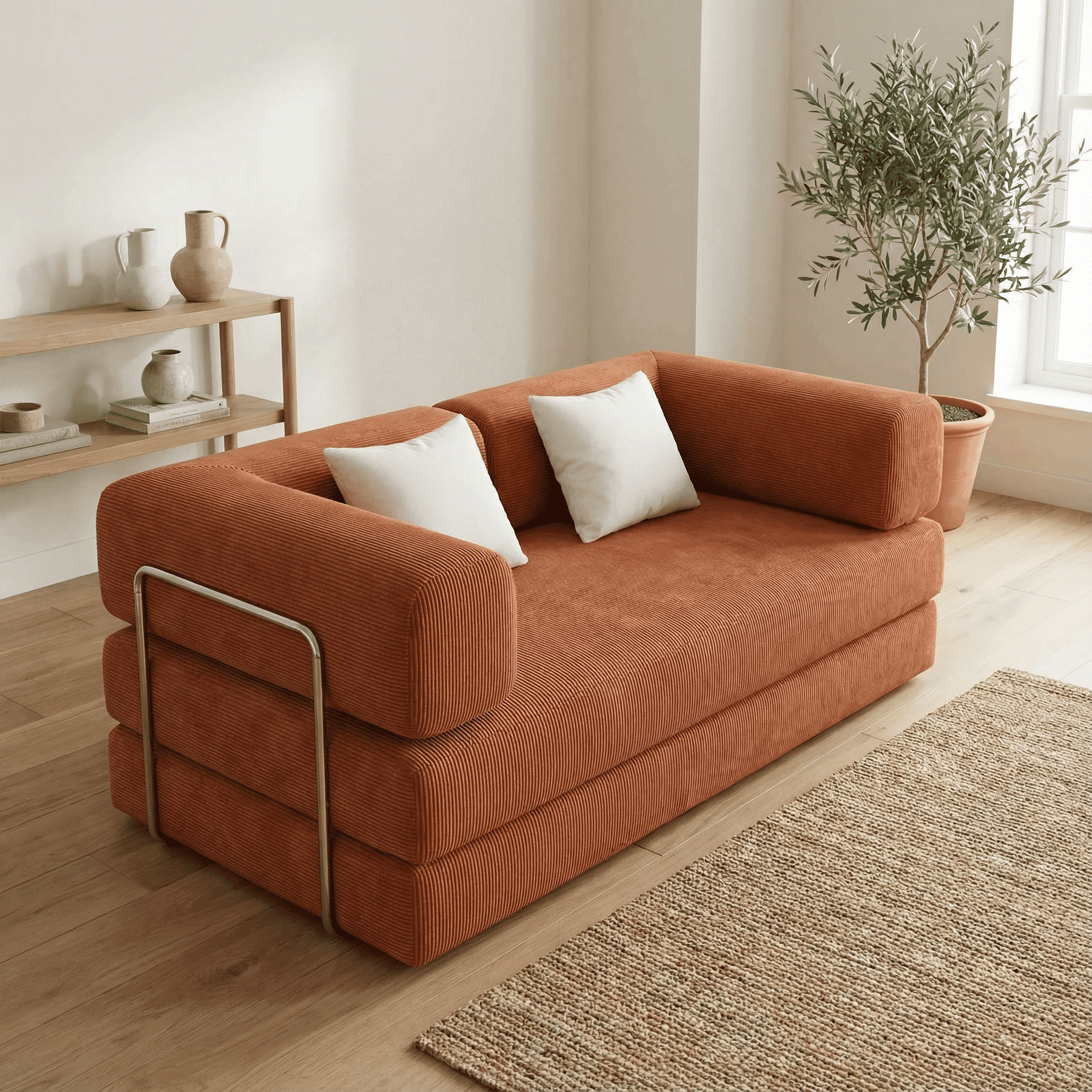 Canapé design orange en velours avec coussins blancs dans salon moderne minimaliste et chaleureux
