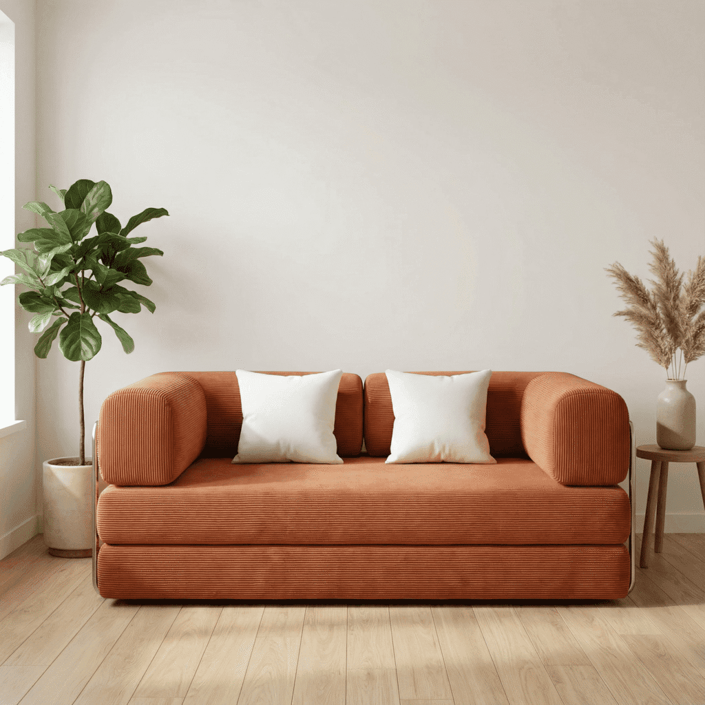 Terrakottafarbenes Designersofa mit weissen Kissen, grünen Pflanzen und natürlicher Dekoration in einem warmen, modernen Wohnzimmer