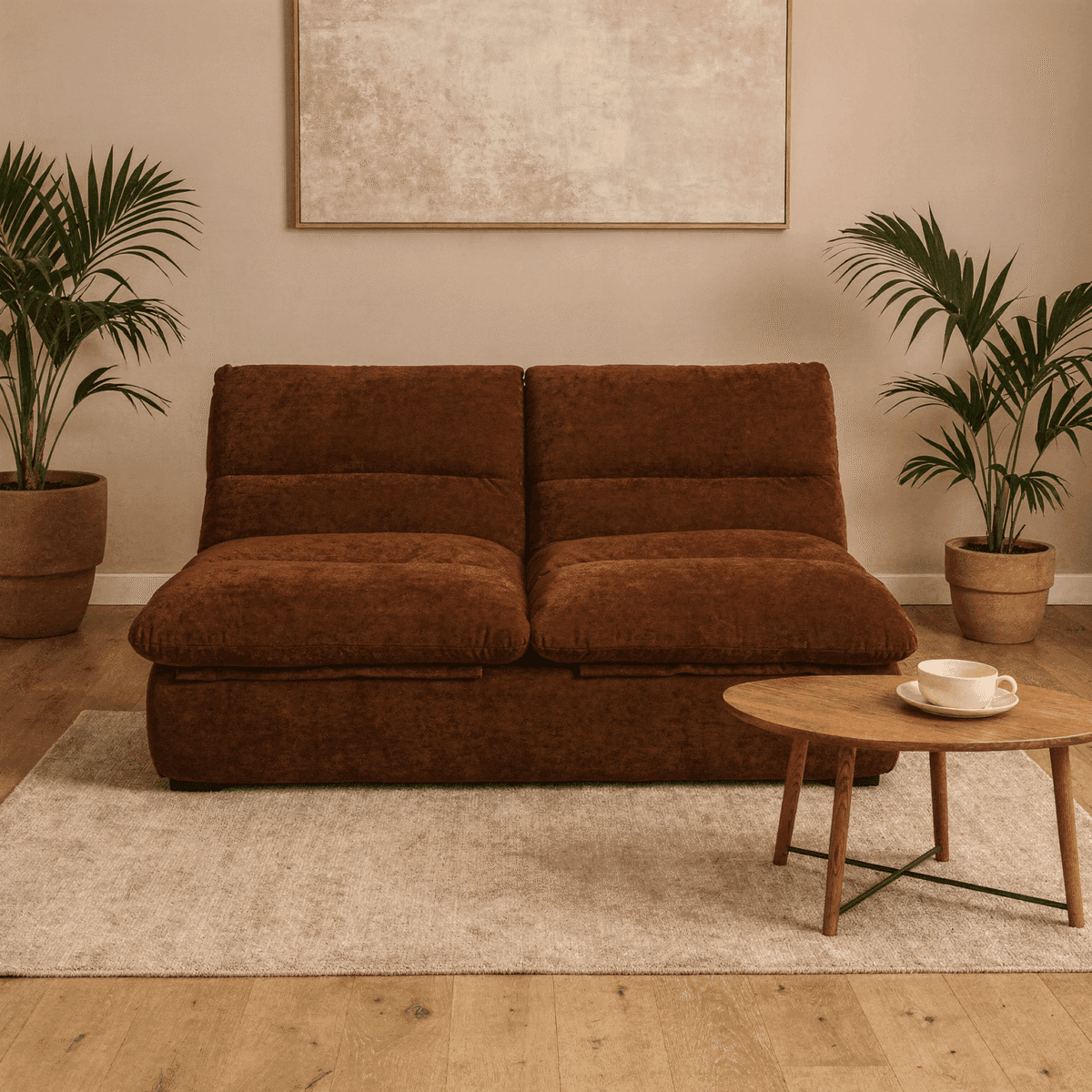 Salon chaleureux avec canapé marron confortable, plantes vertes en pot et table basse minimaliste