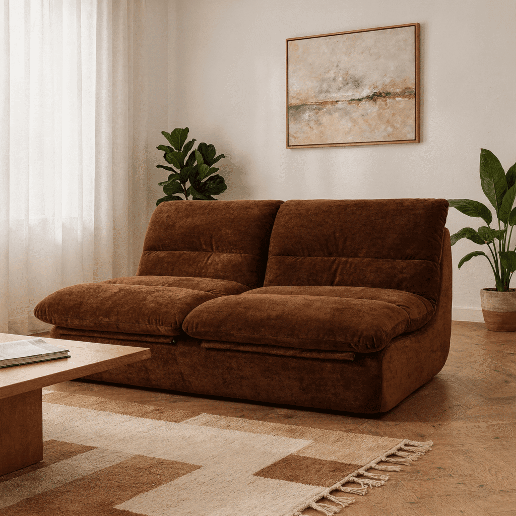 Gemütliches Wohnzimmer mit braunem Samtsofa, grünen Pflanzen und grossem, hellem Erkerfenster