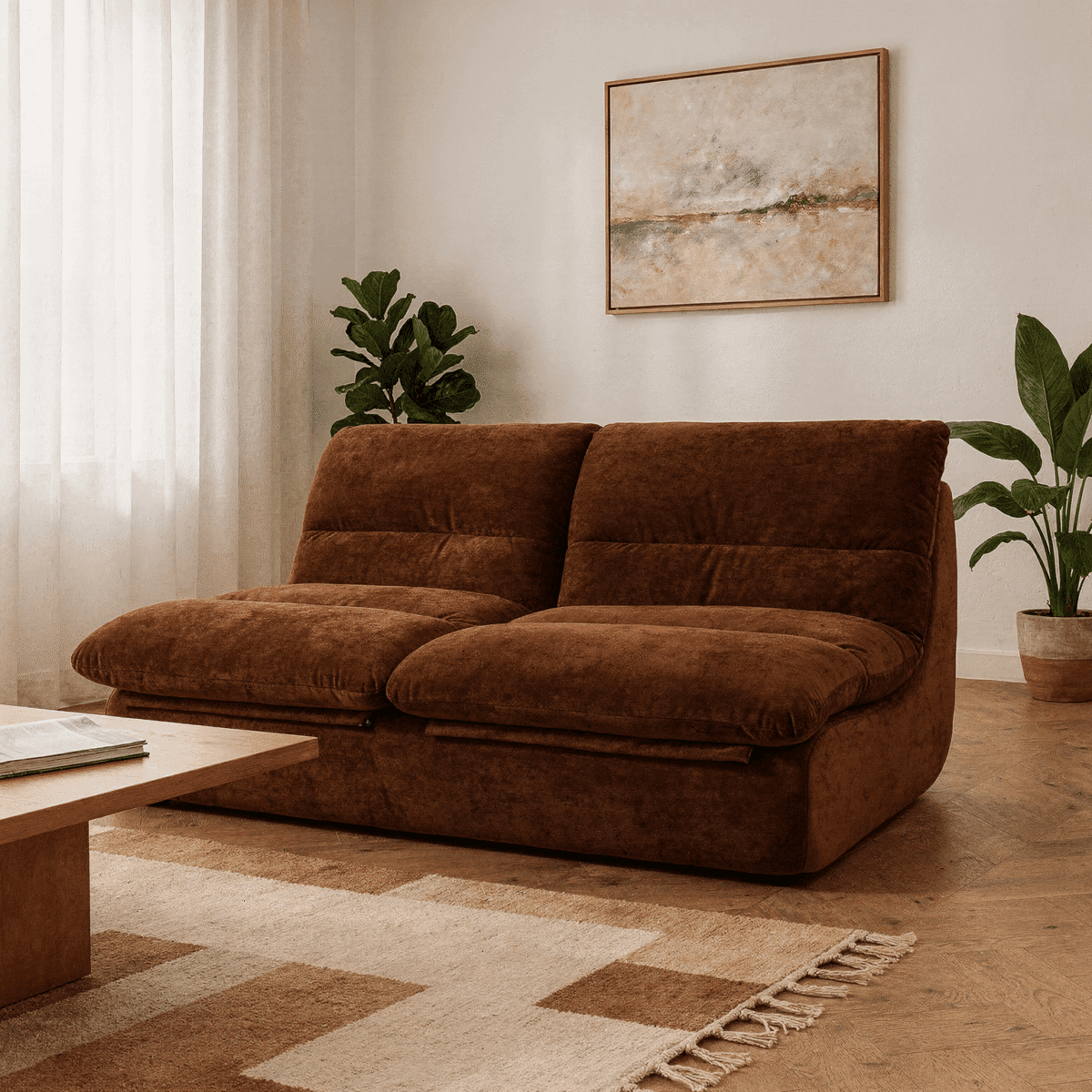 Salon cosy avec canapé marron en velours, plantes vertes et grande baie vitrée lumineuse