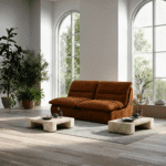 Canapé Marron Velours Dans Salon Moderne Salon moderne lumineux avec canapé en velours marron, grandes plantes vertes et tables basses design