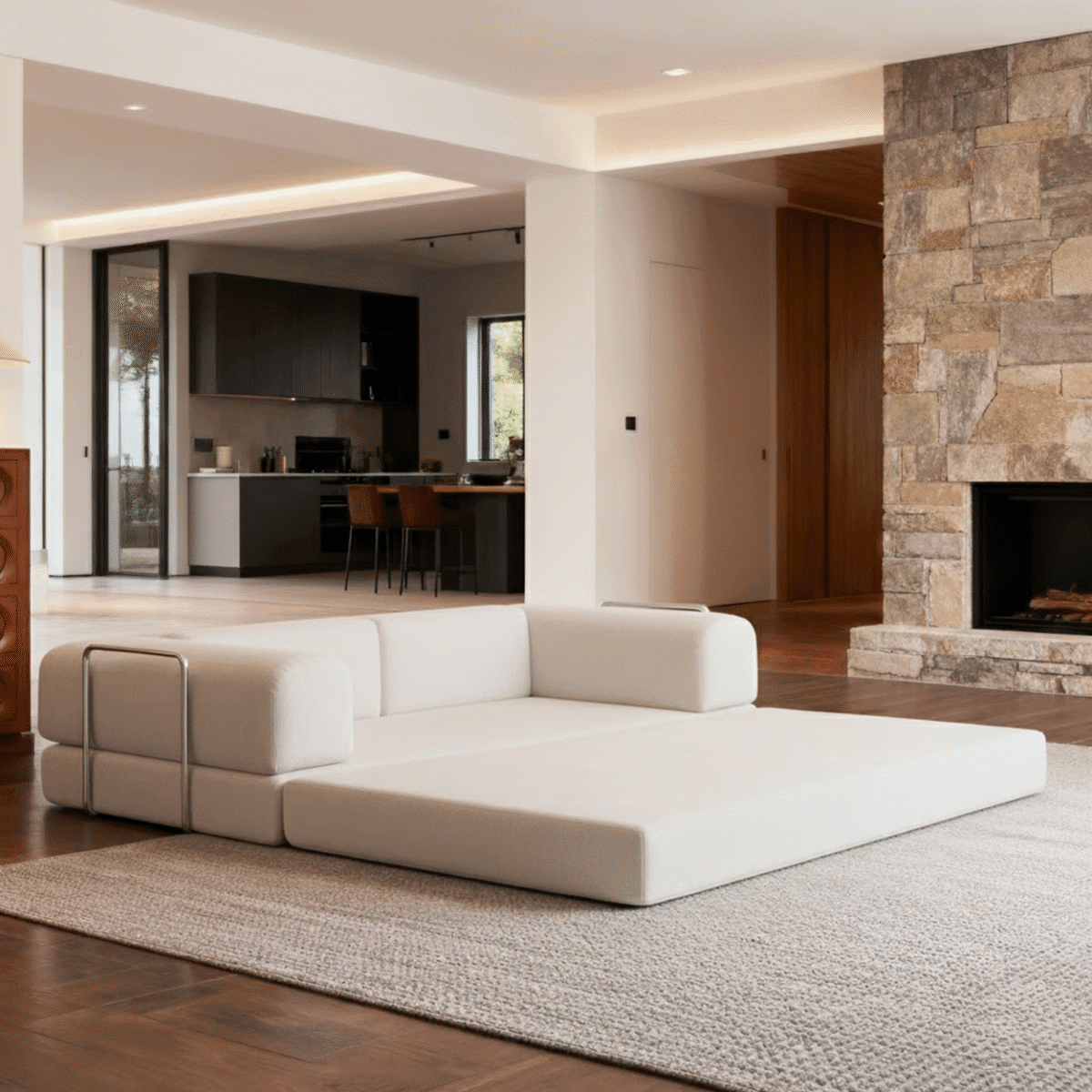 Salon moderne lumineux avec canapé blanc modulaire, cheminée en pierre et cuisine ouverte élégante