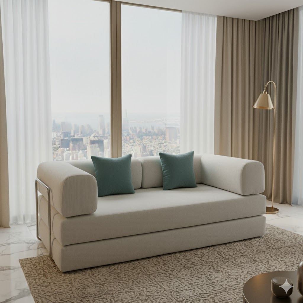 Salon moderne lumineux avec canapé blanc minimaliste, coussins bleus et vue panoramique sur la ville