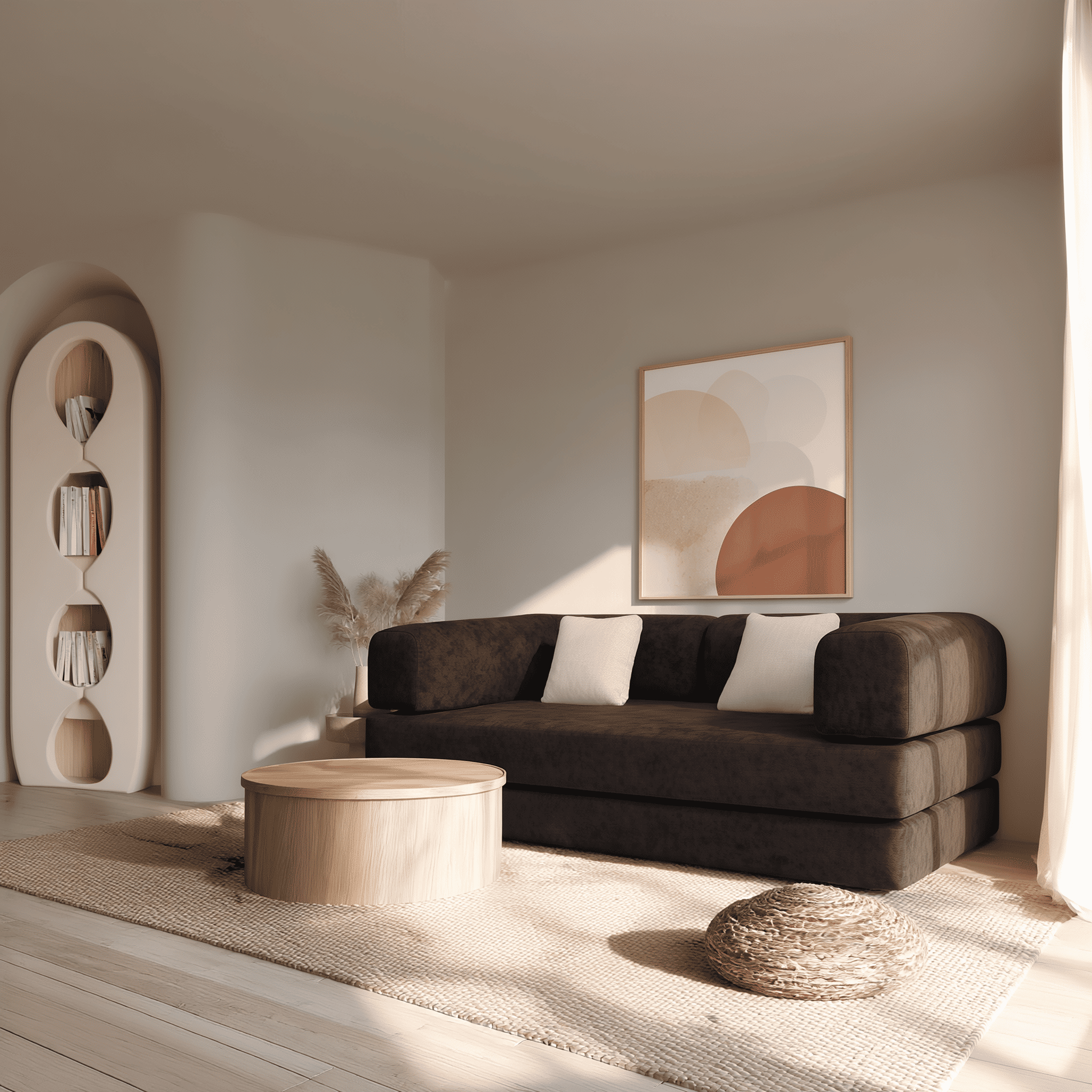 Salon minimaliste avec canapé marron moderne, table basse en bois et lumière naturelle apaisante