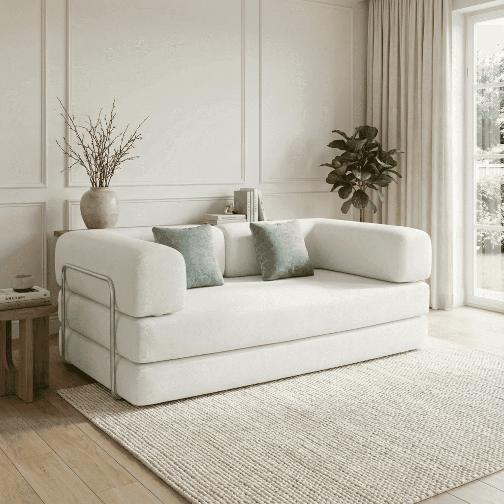 Salon moderne lumineux avec canapé tissu blanc, coussins verts, parquet clair et grande baie vitrée