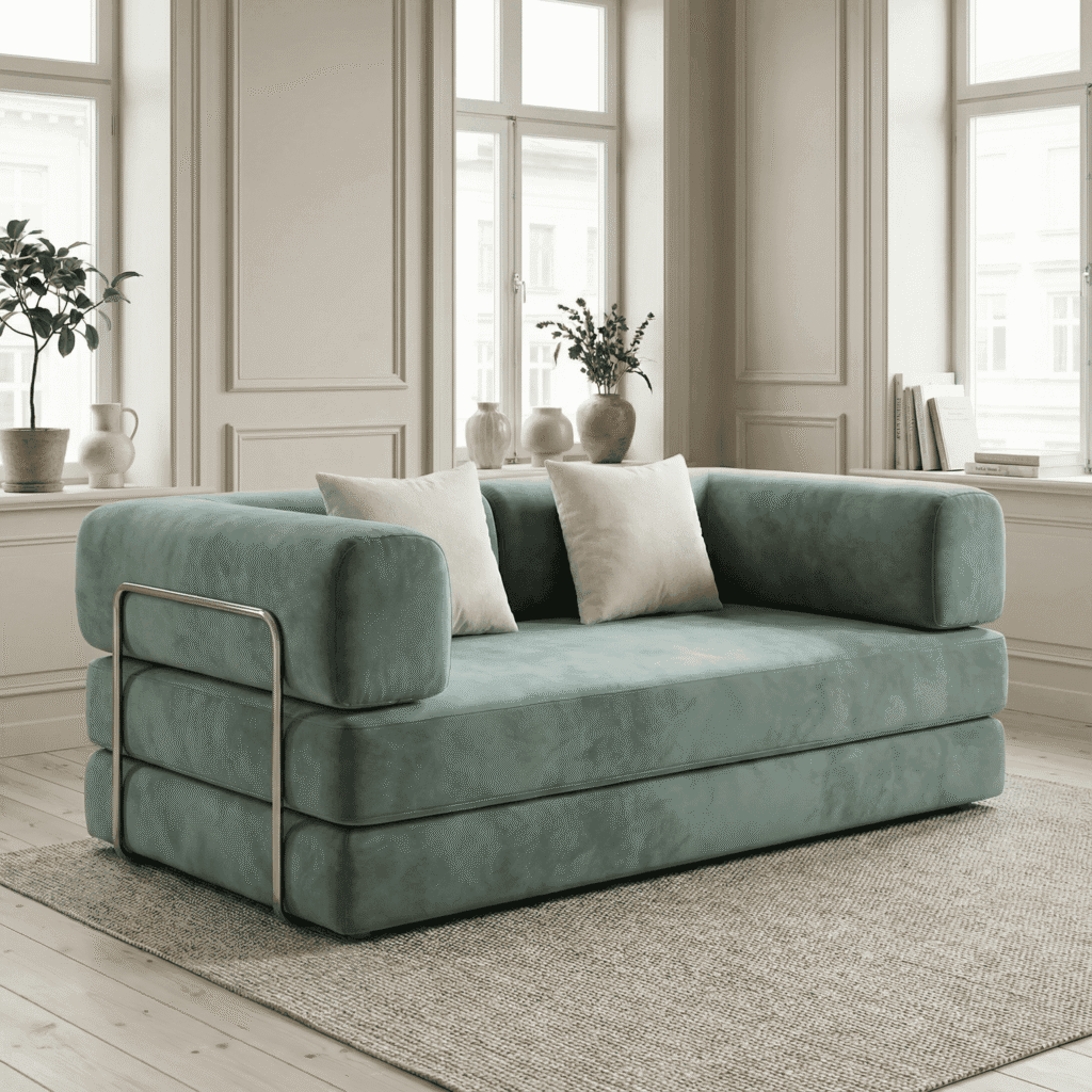 Modernes blaugrünes Sofa in einem hellen Wohnzimmer mit grossen Fenstern, hellem Holz und grünen Pflanzen
