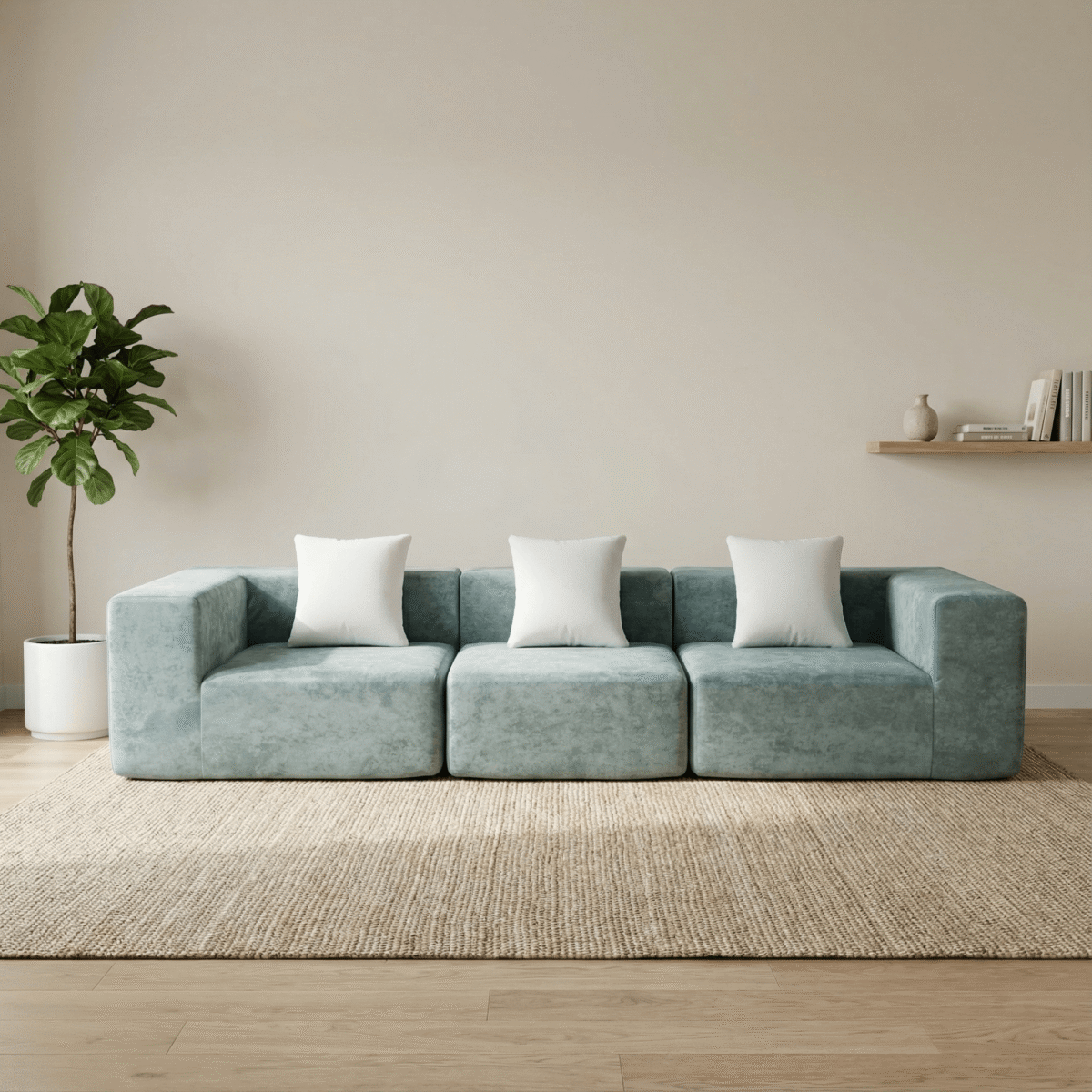 Salon moderne minimaliste avec canapé vert bleu, coussins blancs, plante verte et tapis en fibres naturelles