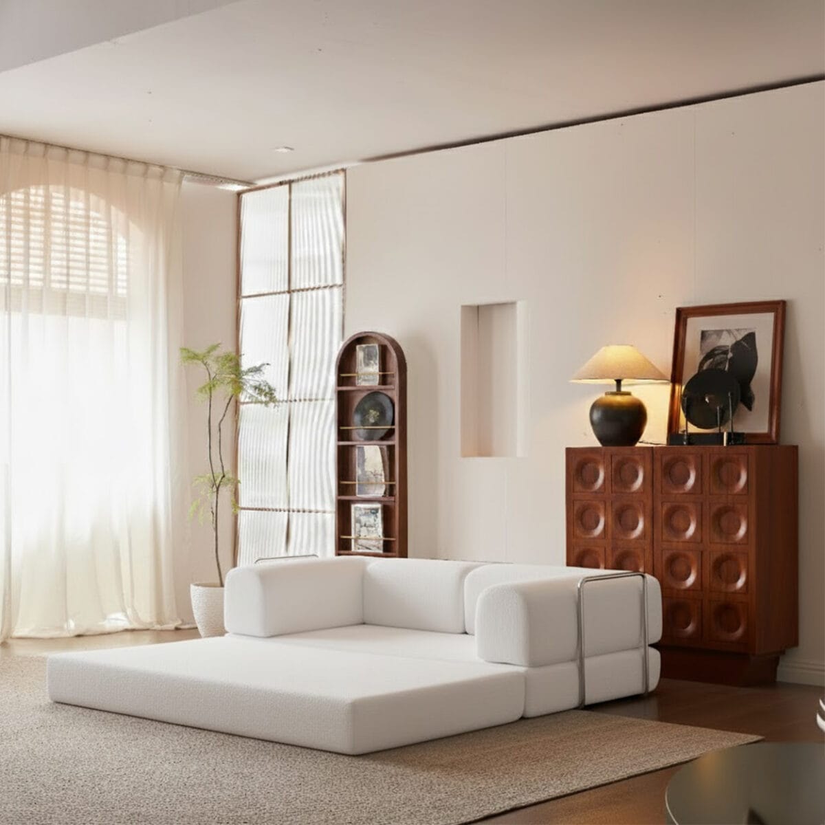 Salon moderne minimaliste avec canapé modulaire blanc, meuble en bois design et grande baie vitrée lumineuse
