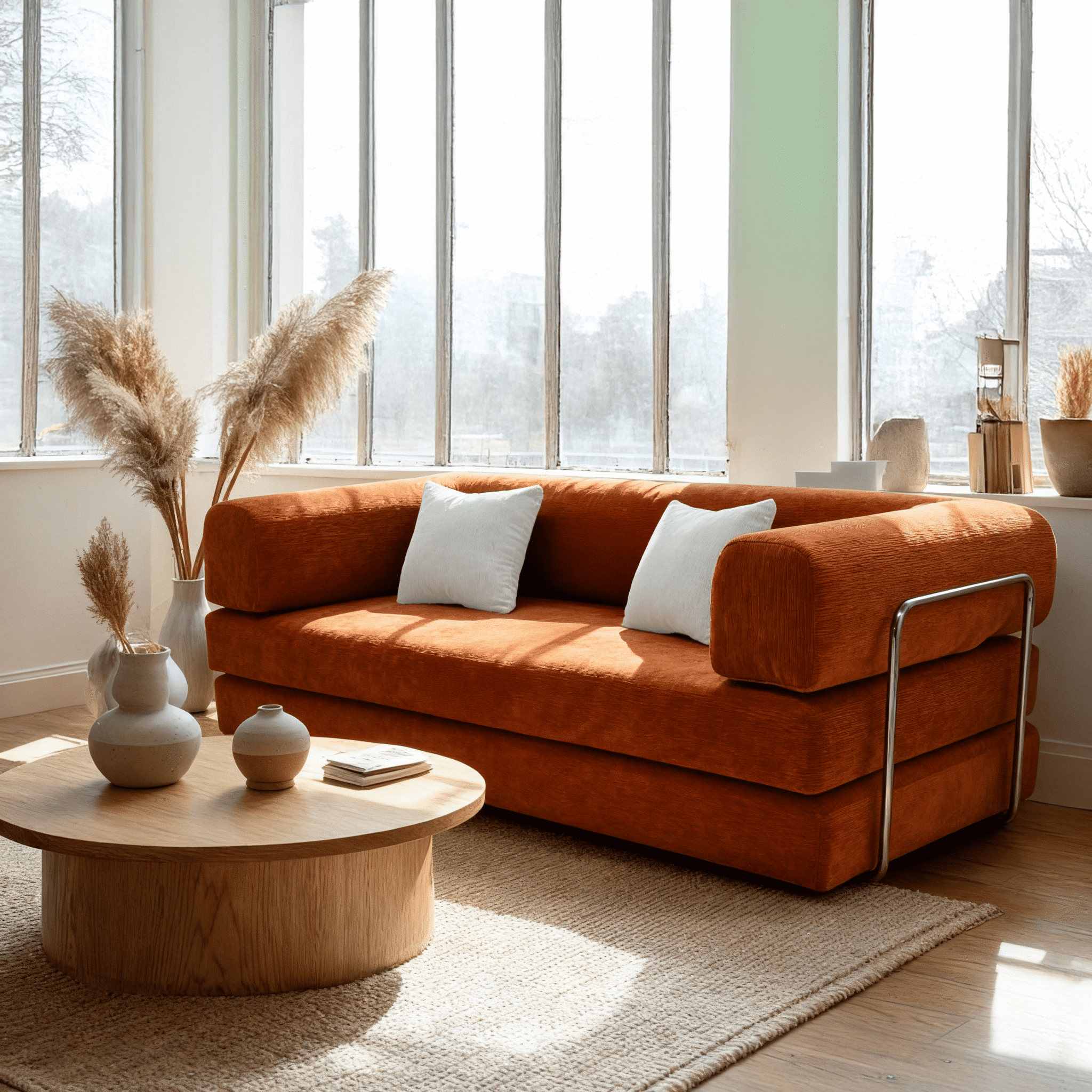 Salon moderne avec canapé orange, coussins blancs, table basse ronde et grandes fenêtres lumineuses.