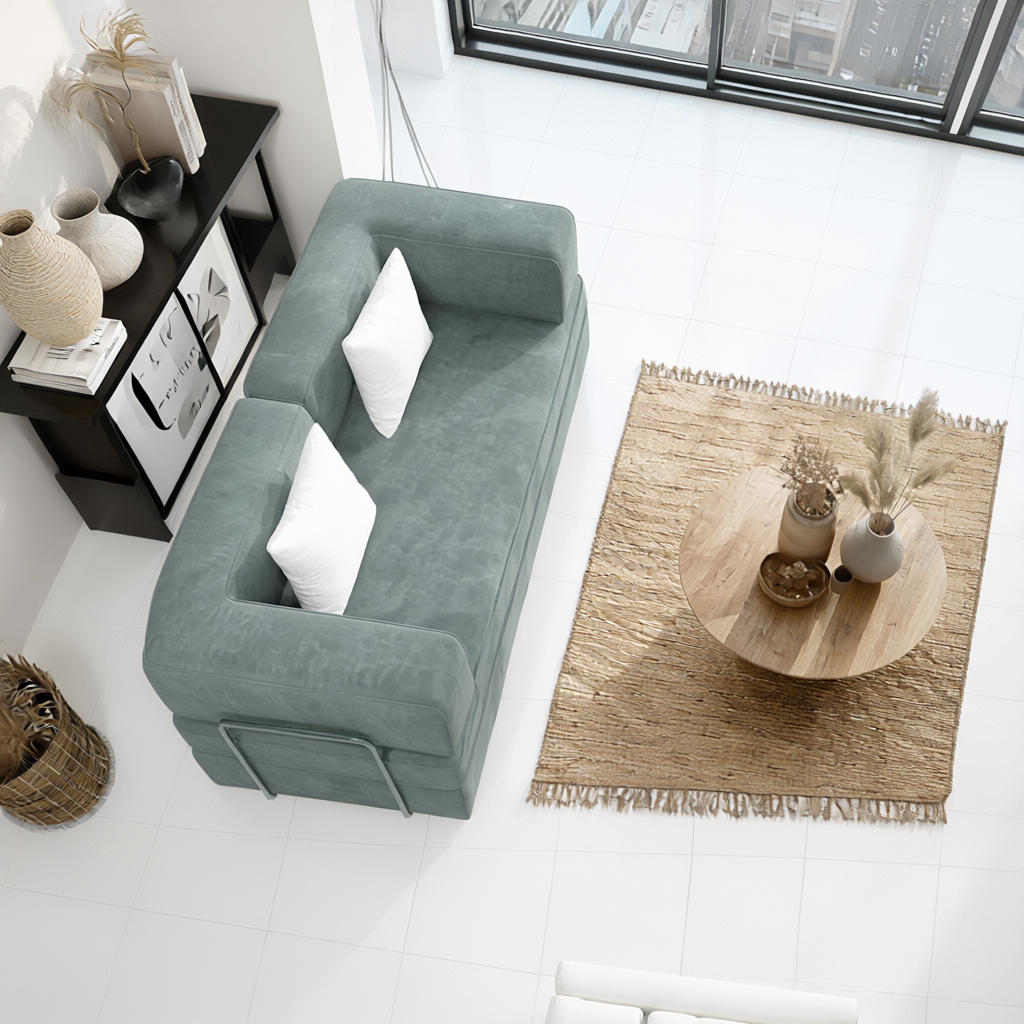 Salon moderne lumineux avec canapé vert pastel, table basse en bois et vue panoramique sur la ville