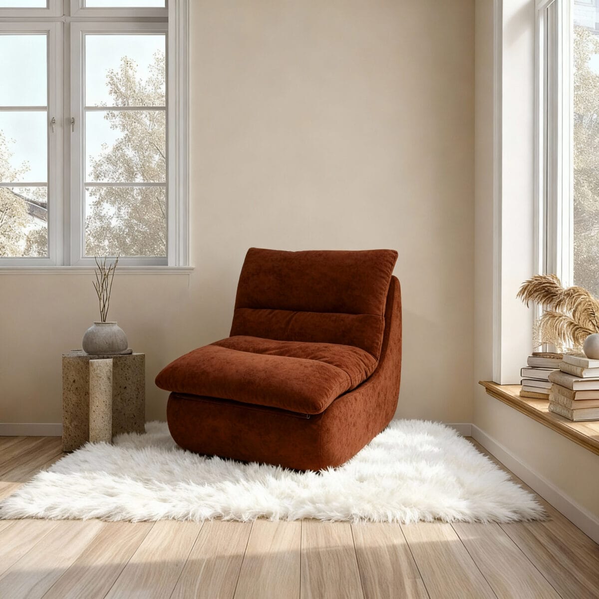 Chaise longue en velours marron dans salon minimaliste et lumineux avec tapis blanc cozy
