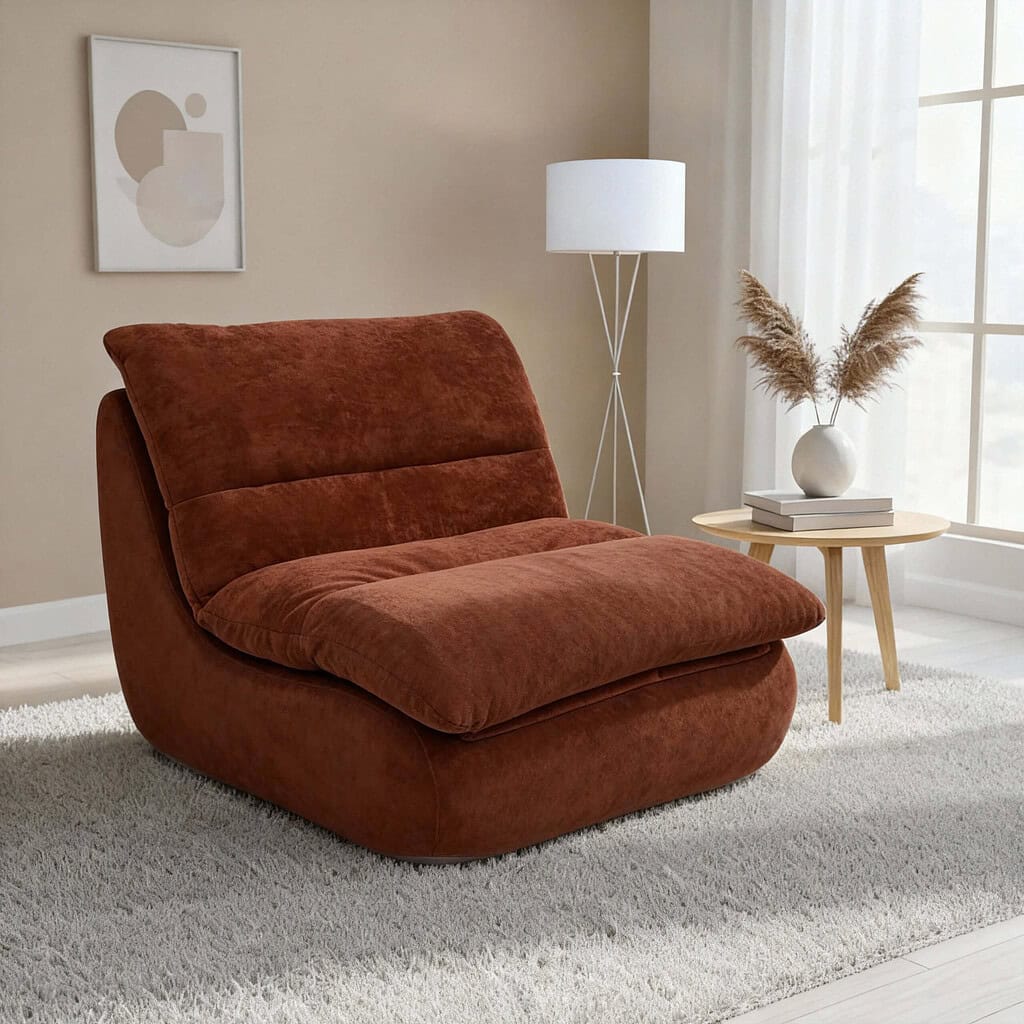 Fauteuil contemporain en tissu marron près d’une fenêtre lumineuse, salon moderne et chaleureux