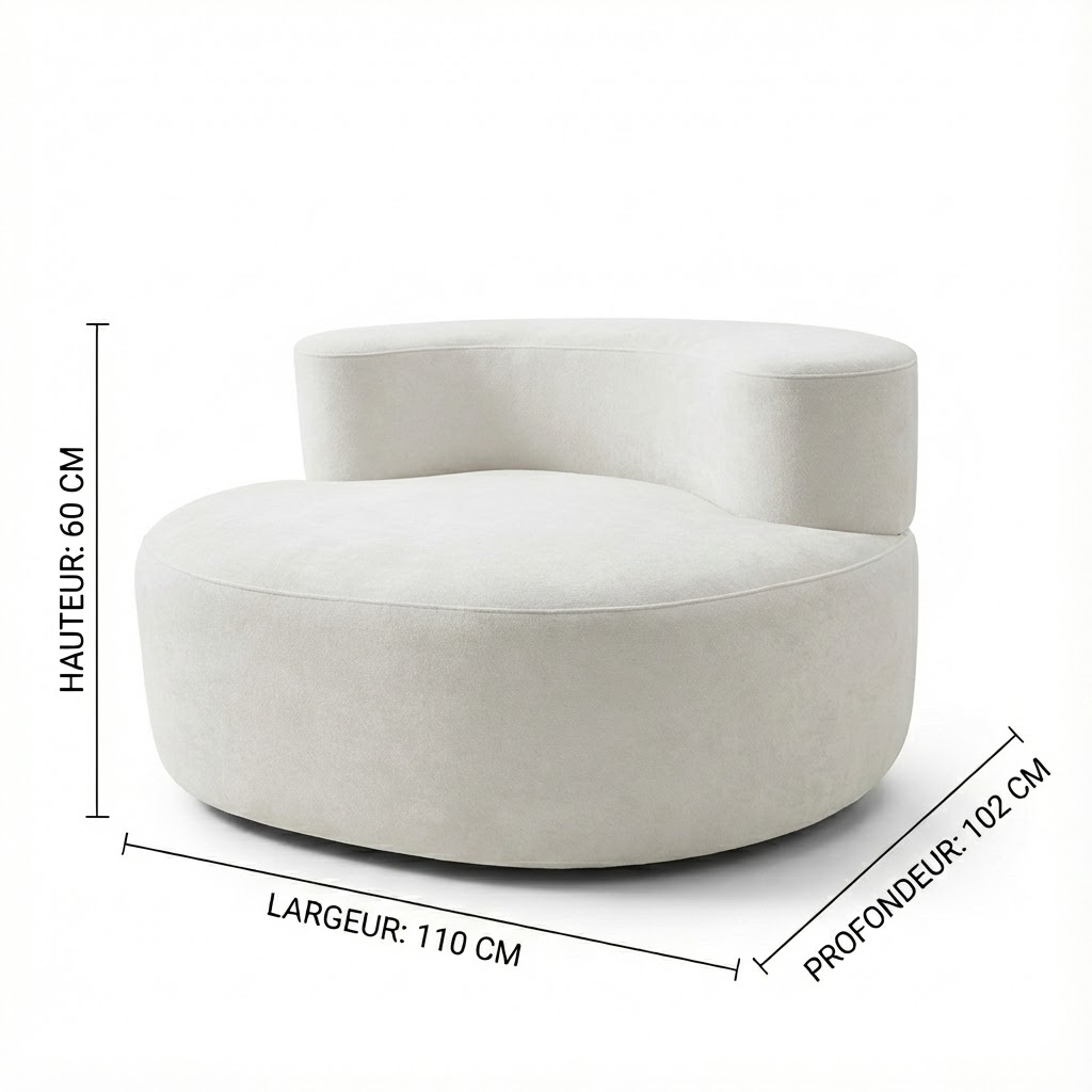 Fauteuil design rond en tissu clair, style moderne confortable pour salon ou coin lecture