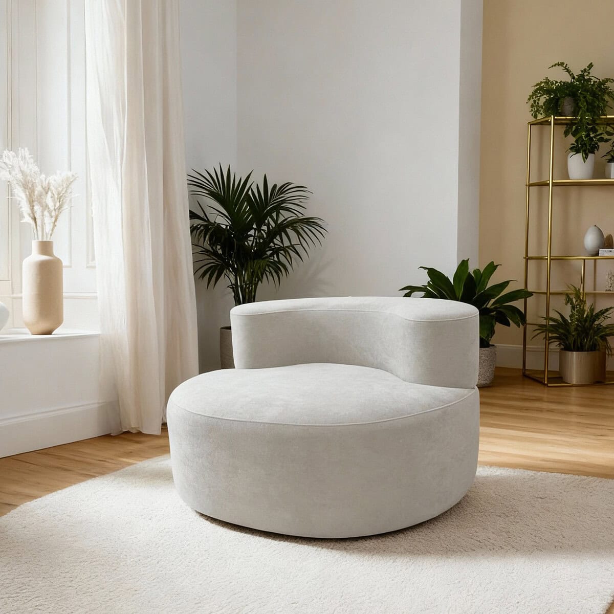 Fauteuil design en tissu bouclé blanc dans salon moderne lumineux avec plantes et étagère décorative