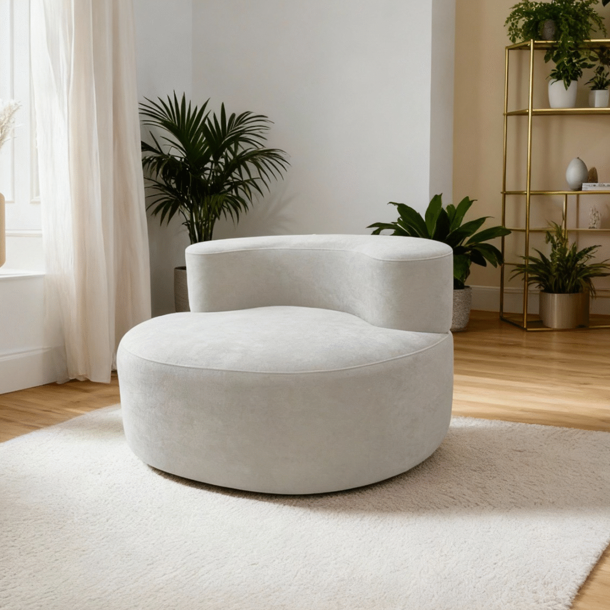 Fauteuil design contemporain gris clair dans salon lumineux avec parquet bois et plantes vertes