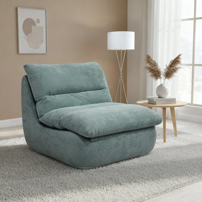 Fauteuil relax bleu pétrole design moderne avec table d’appoint en bois dans salon lumineux