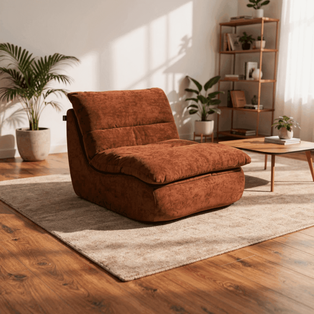 Fauteuil bas modulable en velours marron terracotta dans un salon lumineux avec plantes vertes, étagère bois et ambiance chaleureuse scandinave.