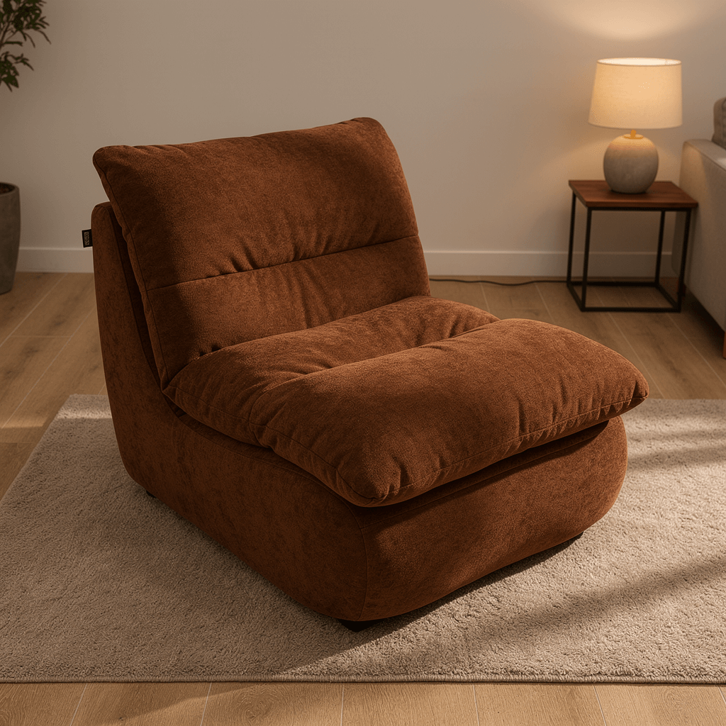 Fauteuil relax en microfibre marron dans salon cosy avec tapis clair et lampe chaleureuse