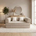 Canapé beige dans un salon lumineux avec décoration minimaliste.