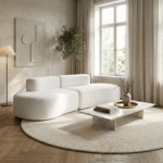 Salon Moderne Avec Canapé Blanc Salon moderne lumineux avec grand canapé d’angle blanc, table basse marbre et déco minimaliste