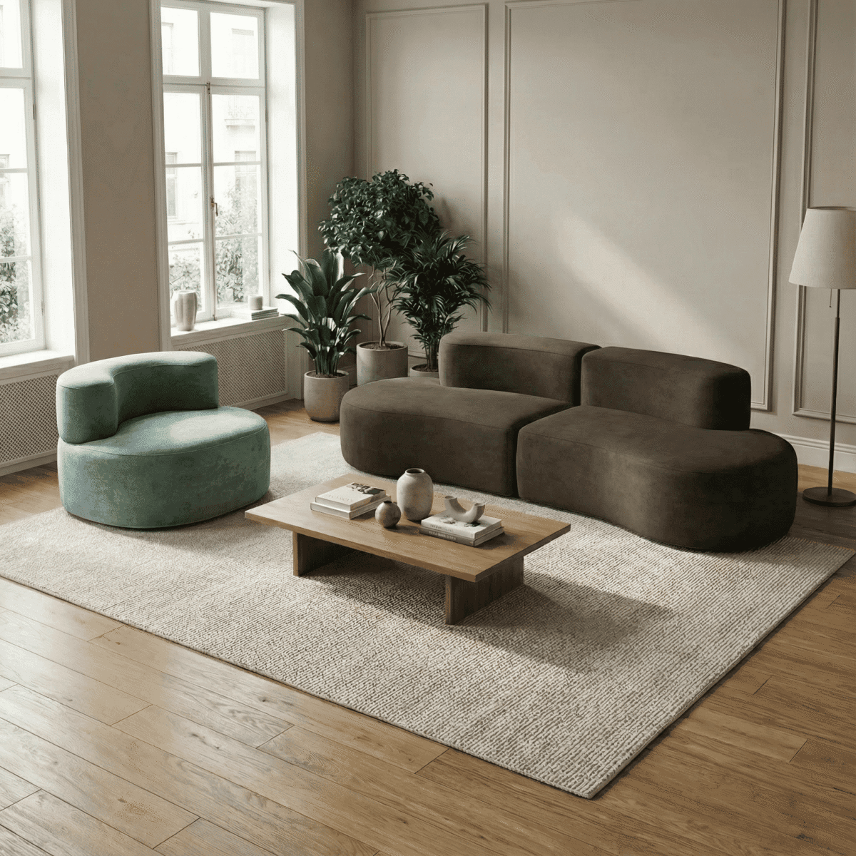 Salon moderne minimaliste avec canapé d’angle marron, fauteuil turquoise, table basse bois et plante verte