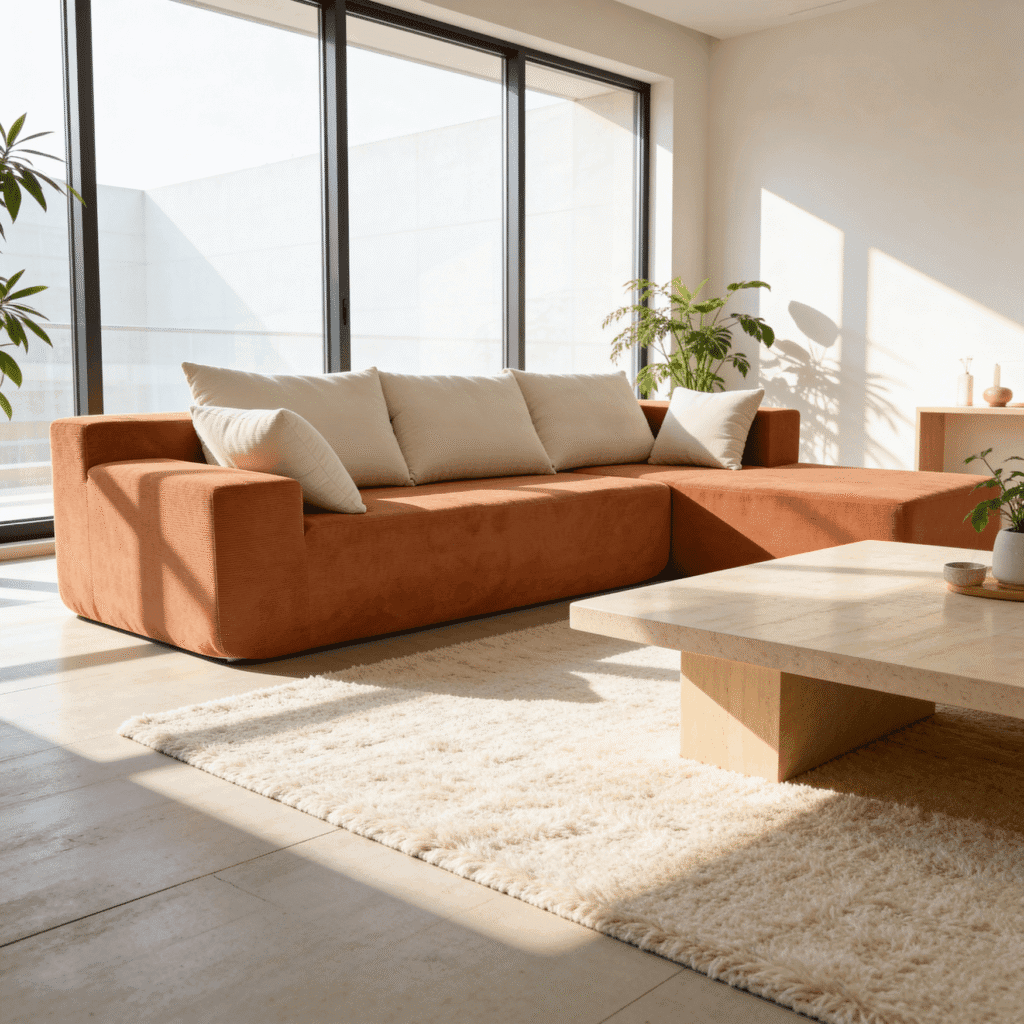 Salon moderne lumineux avec grand canapé d’angle orange, coussins crème, grande baie vitrée et plantes