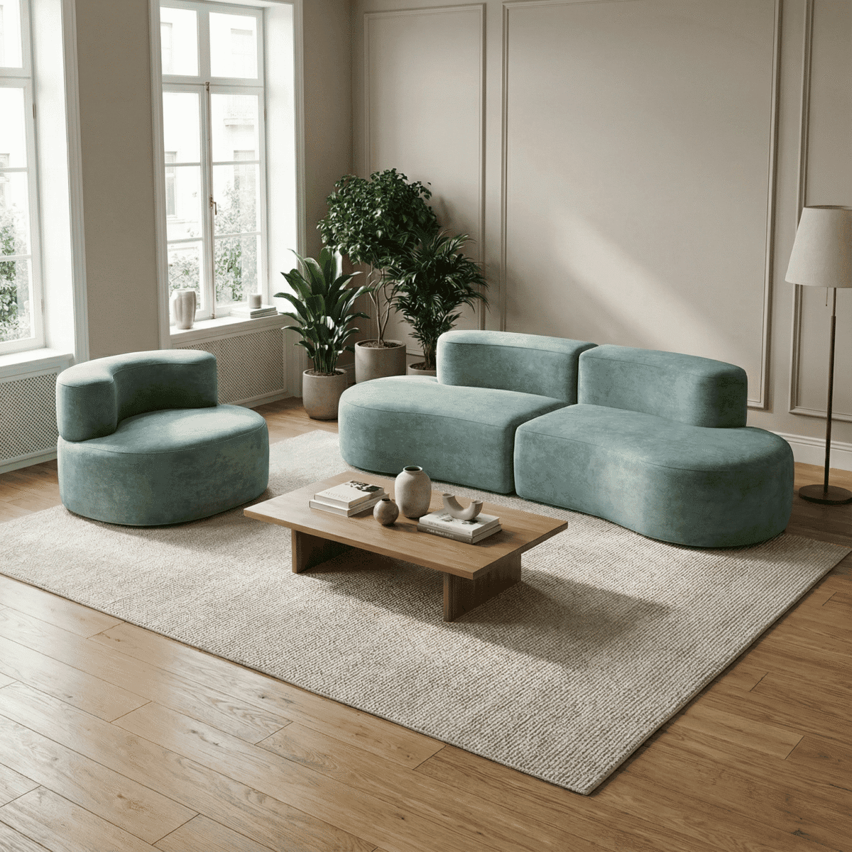 Salon moderne lumineux avec canapé d’angle vert design, fauteuil assorti, table basse et plante