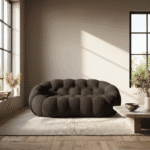 Canapé arrondi noir design moderne dans salon lumineux avec plantes, table basse bois et tapis cozy
