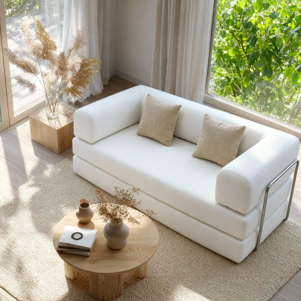 Salon minimaliste lumineux avec canapé blanc, table basse en bois clair et décoration végétale apaisante