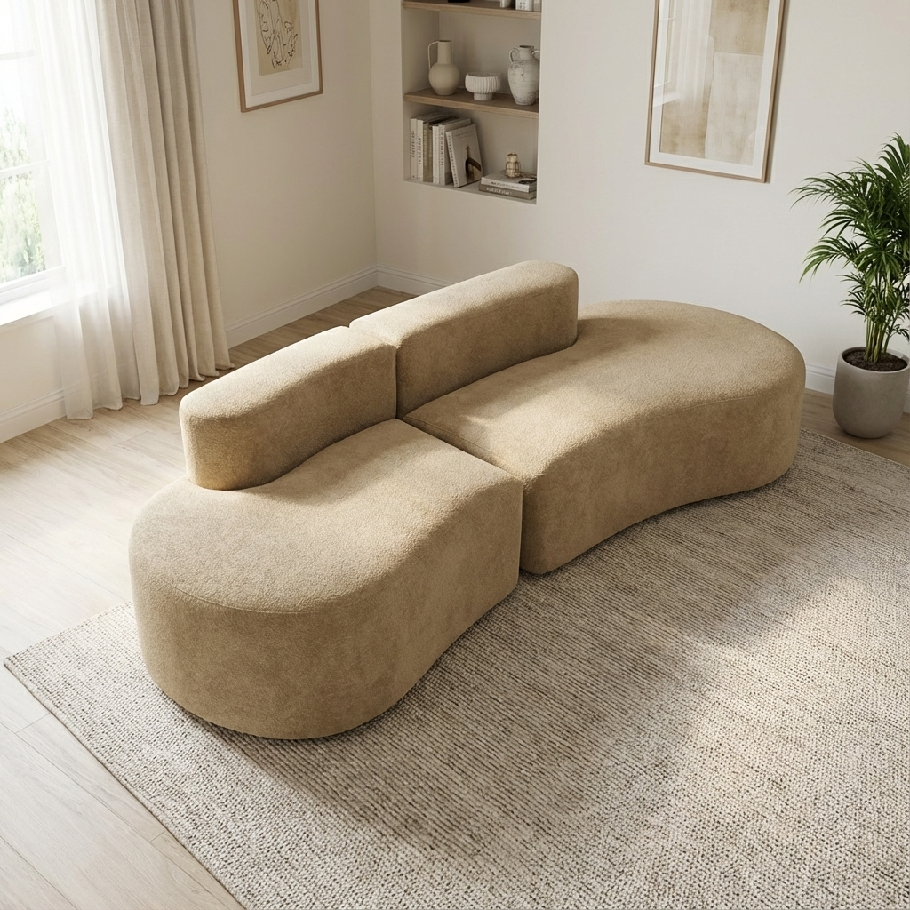 Canapé courbe moderne en tissu beige, design minimaliste et confortable dans un salon lumineux.
