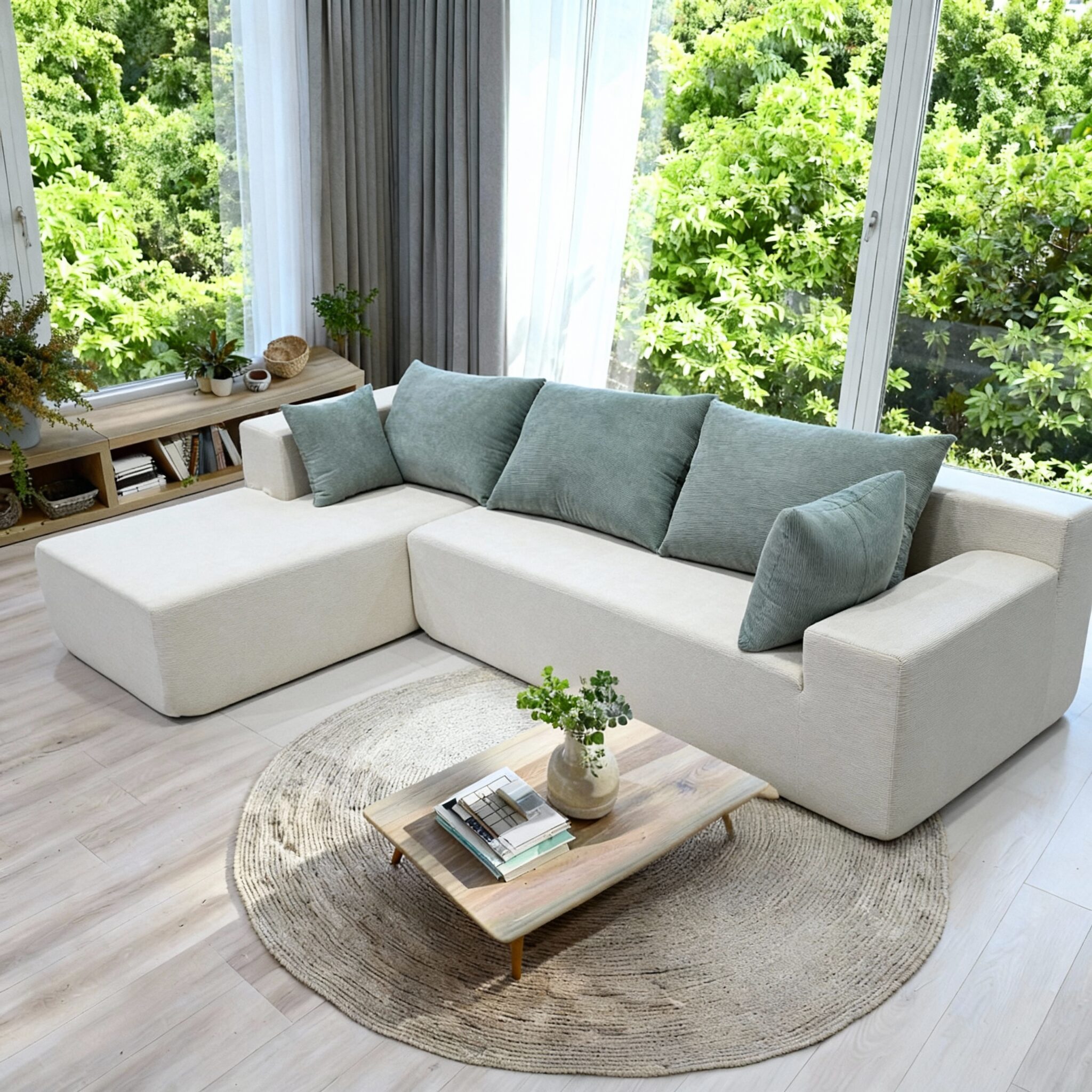 Salon moderne lumineux avec canapé d’angle beige, coussins verts, table basse bois et grande baie vitrée