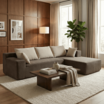 Salon Moderne Avec Canapé D’Angle Marron Salon moderne avec canapé d’angle marron, murs en bois, grande fenêtre, lumière naturelle et plante verte.