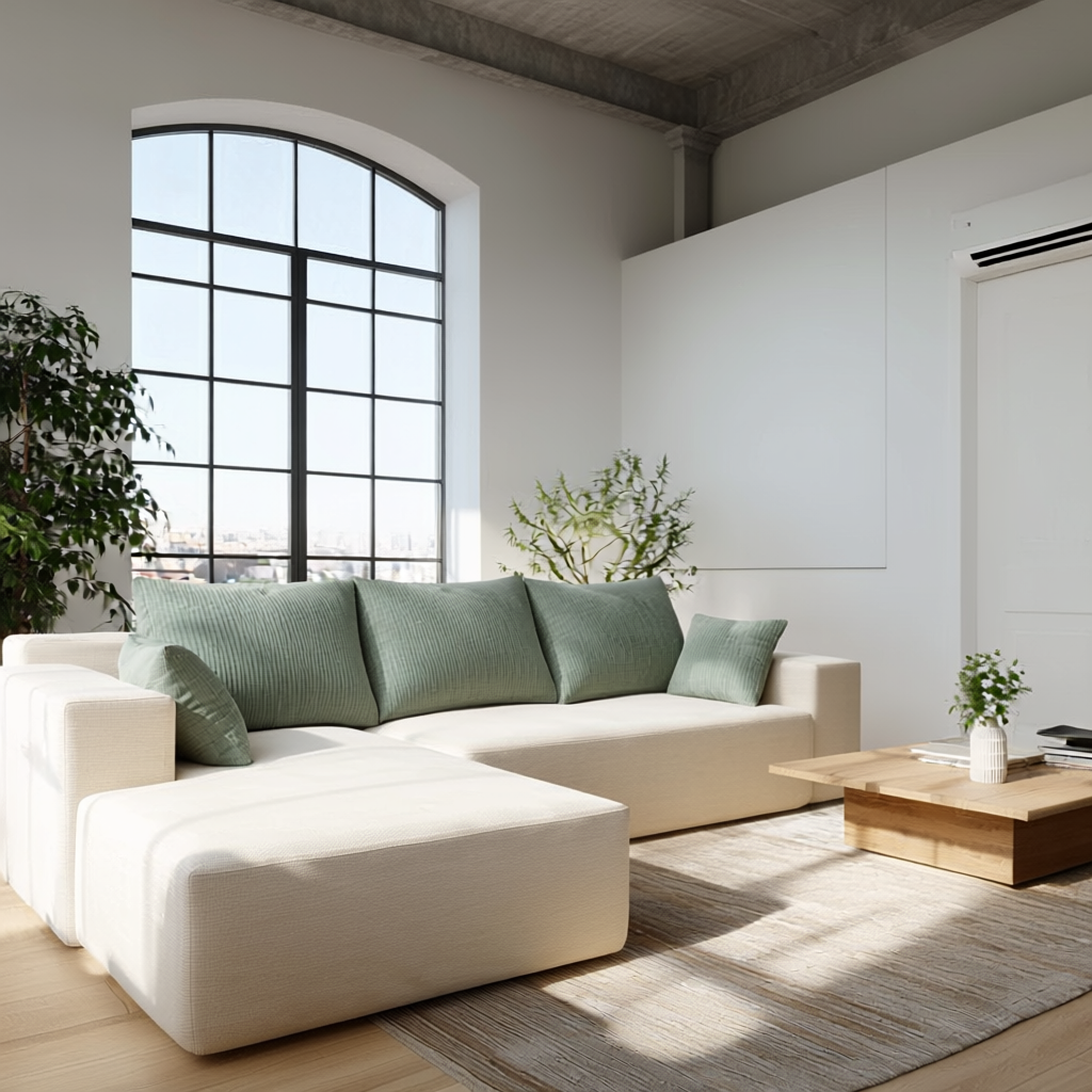 Salon moderne lumineux avec canapé d’angle beige, coussins verts, grande fenêtre industrielle et plantes.