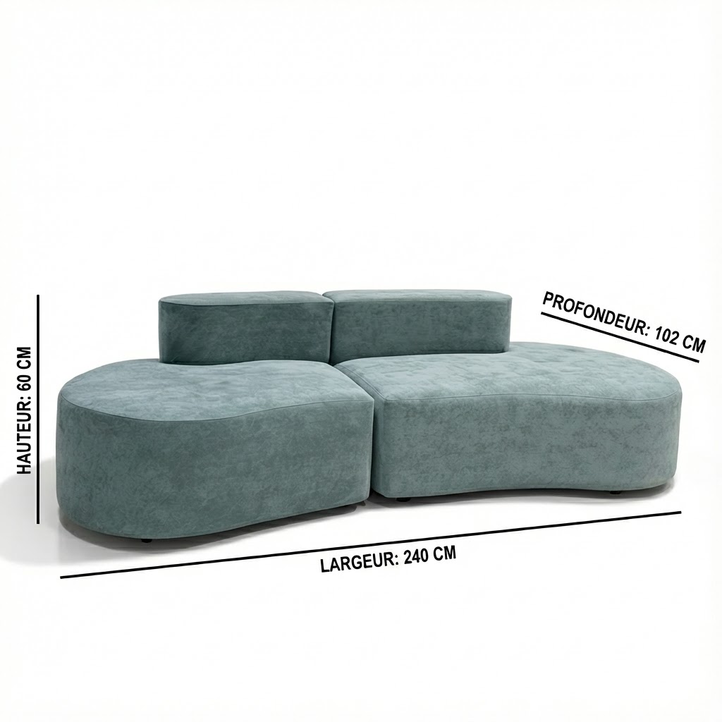 Canapé d’angle moderne vert eau, design arrondi 240 cm, confortable et contemporain
