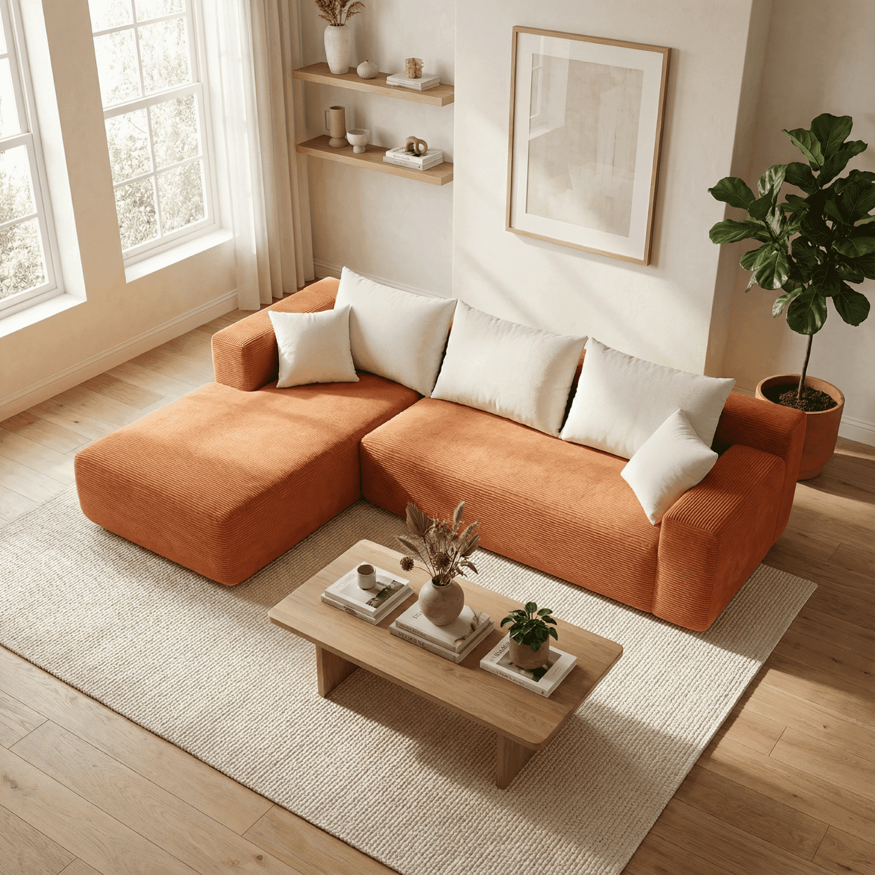 Salon moderne lumineux avec canapé d’angle orange, table basse bois clair et plantes vertes